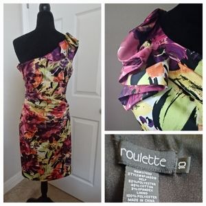 Roulette One Shoulder Floral Silky Cocktail Dress Sz 10